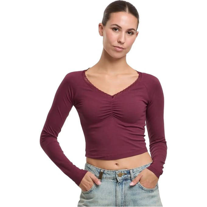 Urban Classics - Short Longsleeve Lace Longsleeve top - 5XL - Bordeaux rood