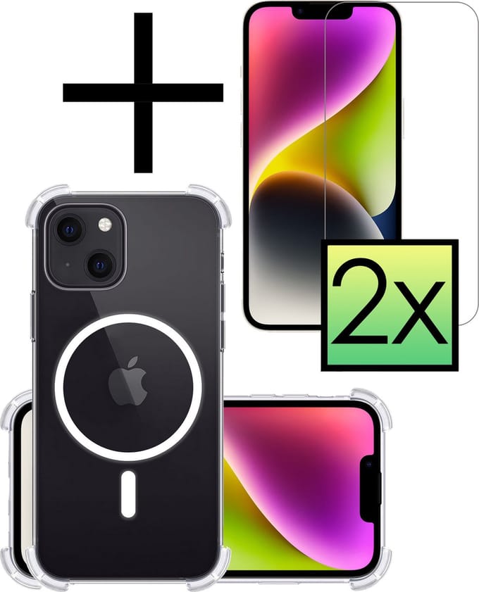 Hoesje - Met 2x Screenprotector - Geschikt voor Apple iPhone 14 Plus - Magsafe Compatible - Sterk & Shockproof - Back Cover - Shock Proof Case - Telefoon Hoes - Transparant