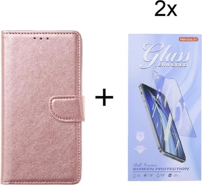Bookcase Geschikt voor: Xiaomi Redmi Note 10 Lite - Rosé Goud - portemonnee hoesje met 2 stuk Glas Screen protector