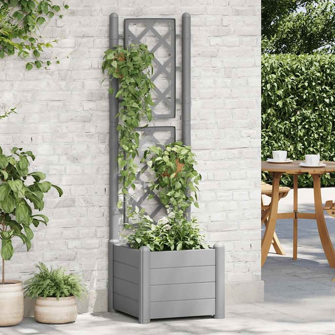 vidaXL - Plantenbak - met - latwerk - 43x43x142 - cm - PP - steengrijs