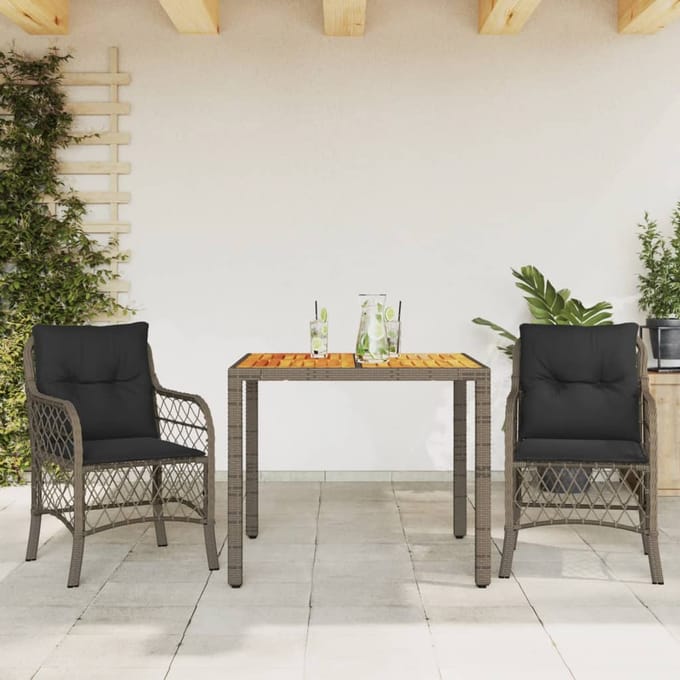 vidaXL - 3-delige - Bistroset - met - kussens - poly - rattan - grijs