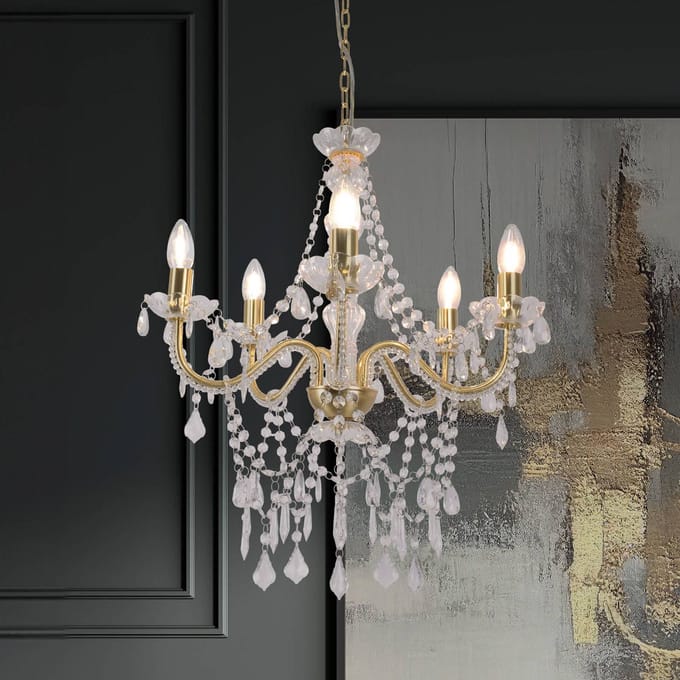 Näve Cecilia kroonluchter, goud, ijzer/acryl, Ø 52 cm, 5-lamps.