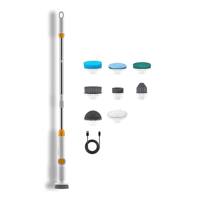Brosse rotative électrique avec 8 têtes de brosse, brosse de nettoyage sans fil, 3 poignées réglables, IPX7 white