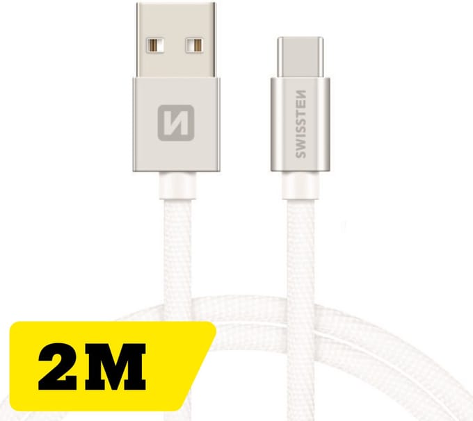 Swissten USB-C naar USB-A Oplaadkabel - Extra Lang 2M - Gevlochten - Snellaadkabel & Datakabel - Zilver