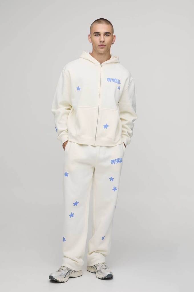 Oversized Boxy Trainingspak Met Ritssluiting, Capuchon En Officieel Bloemen Grafisch Design | Ecru | Size Medium