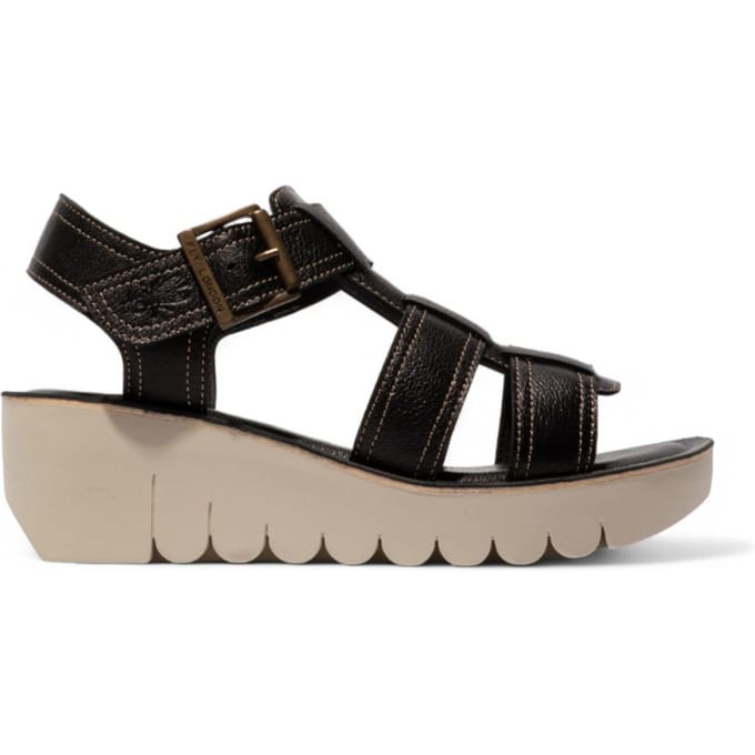 Fly London Dames YUDD236FLY Zwarte Mousse Leren Sandalen Espadrille Platform Wedges