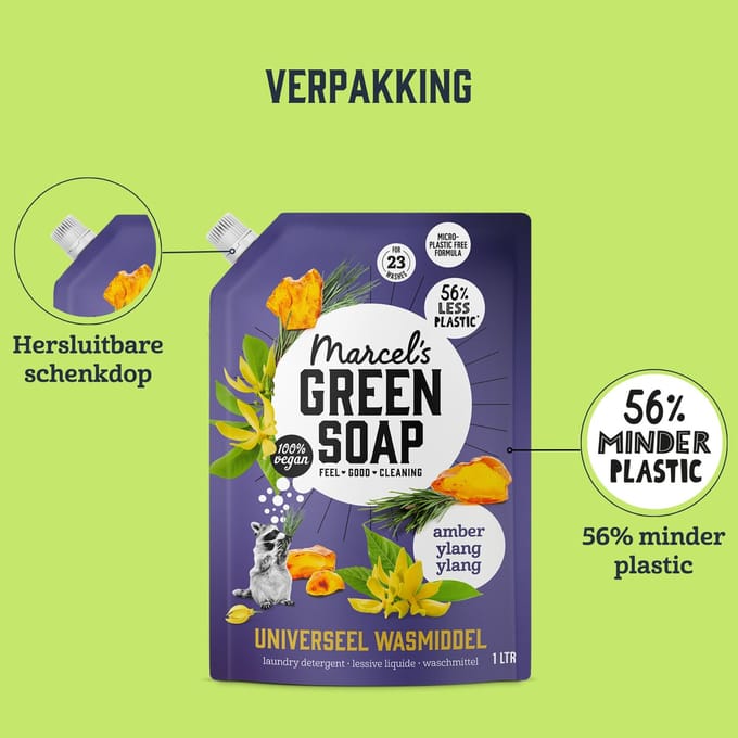 Marcel's Green Soap Universeel Wasmiddel Navulling - Amber & Ylang Ylang - 4 x 1L - 92 wasbeurten
