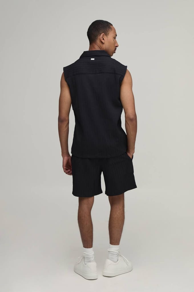 Gestructureerde Geplooide Regular Fit Mouwloze Shirt & Short Set | Black | Size Medium