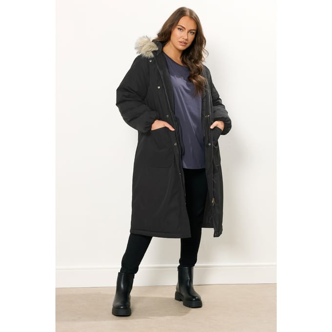 Yours Zwarte Lange Luxe Parka Jas Size 42