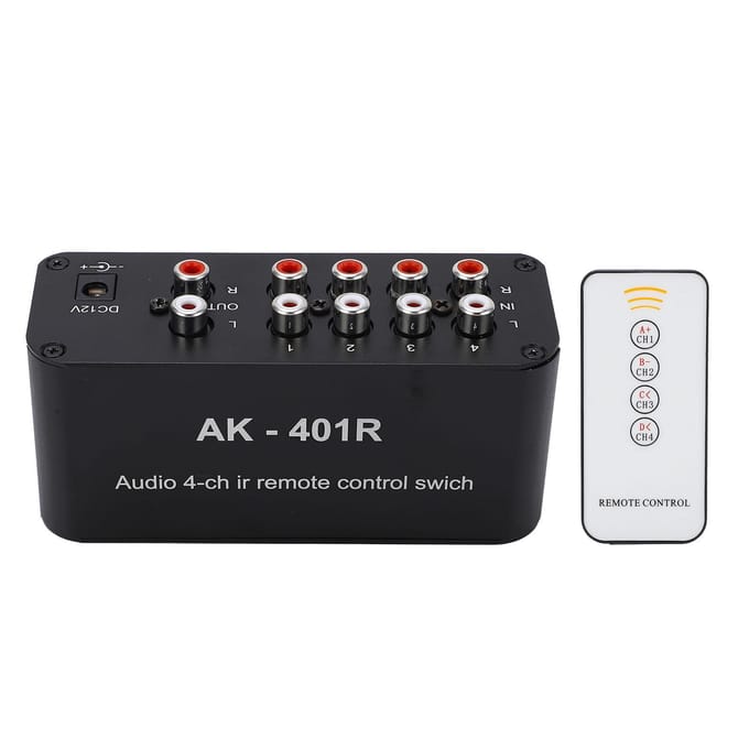 Audio Schakelaar 1 In 4 Uit DC 12V RCA Signaalkiezer Audio Splitter met Afstandsbediening