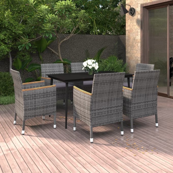 vidaXL - 7-delige - Tuinset - met - kussens - poly - rattan - en - glas