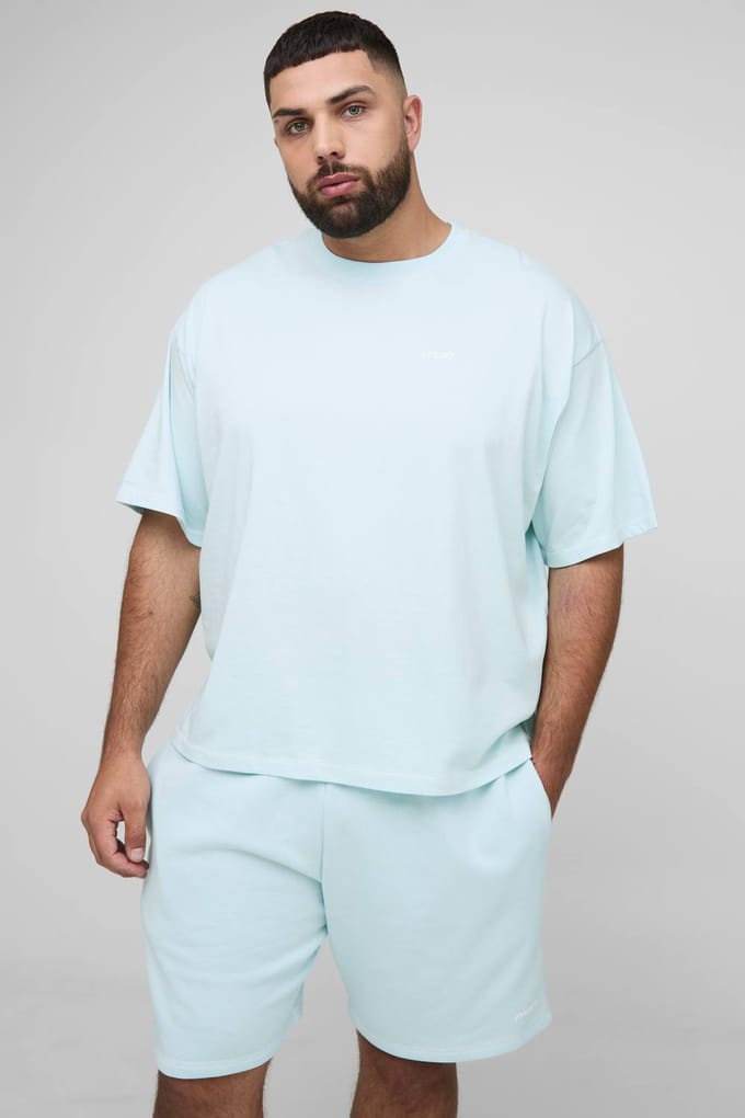 Plus Official Men's Contrast Stitch Oversized Boxy T-Shirt en Relaxed Jersey Short Set | Light Blue | Size 2XL