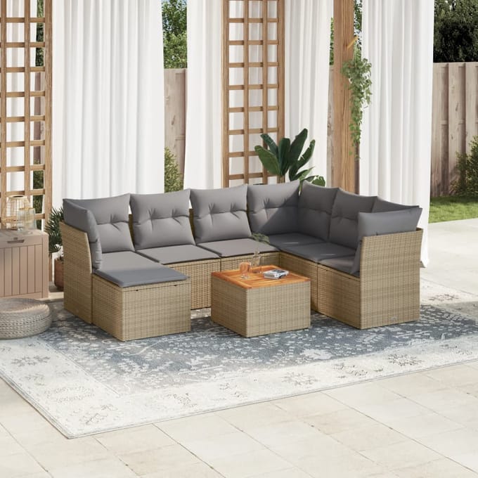 vidaXL - 8-delige - Loungeset - met - kussens - poly - rattan - beige
