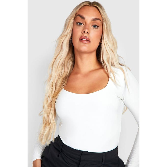 boohoo Dames Plus Double Layer Slinky Scoop Neck Bodysuit | Ivory | Maat: 26