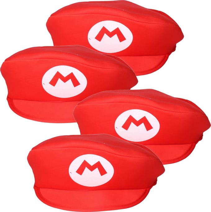 4x stuks rode Loodgieter pet voor Mario - Carnaval verkleed petten