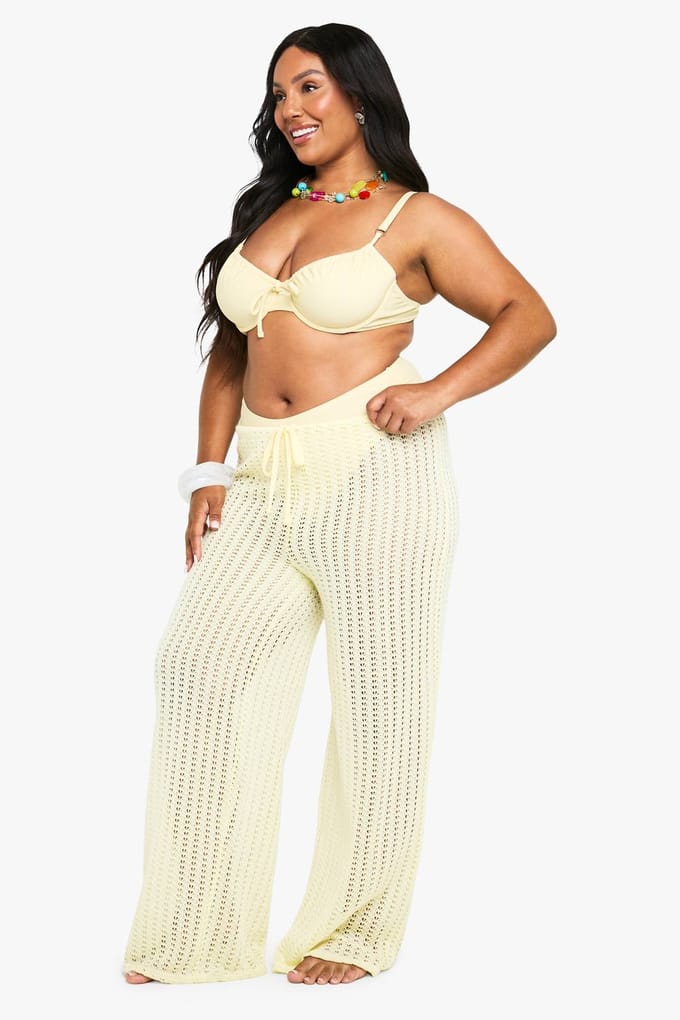 boohoo Dames Plus strandbroek met strikceintuur en elastische taille | Lemon | Maat: 16