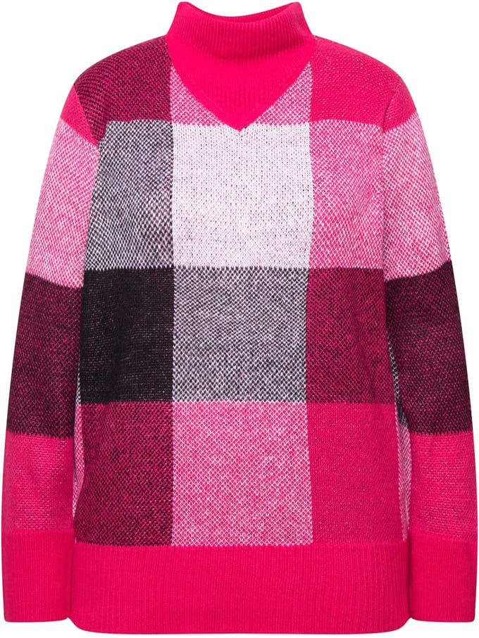 Ulla Popken - Dames - Pullover ruitpatroon opstaande kraag lange mouwen - Rood roze - Maat 54+