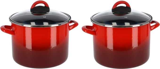 Cuenca Kookpan/soeppan - Set van 2x stuks - rood - RVS - glazen deksel - 23 cm - 5,8 liter - pannen