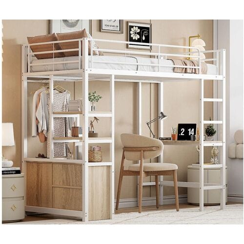 ModernLuxe Metalen mezzaninebed 90x200cm - met bureau + USB-aansluitingen + barrières - Wit