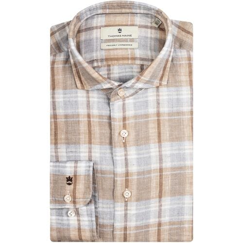Thomas Maine Overhemd Roma Linnen Big Check Modern Kent Blauw-Beige / male
