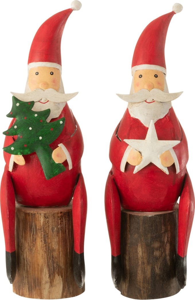 J-Line figuur Kerstman Boom Ster Op Voet - ijzer/hout - rood - 2 stuks