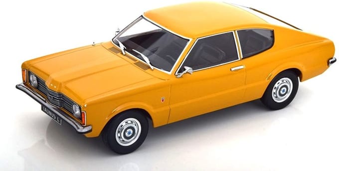 1:18 gegoten model Ford Taunus L Coupé uit 1971 oker KK Models