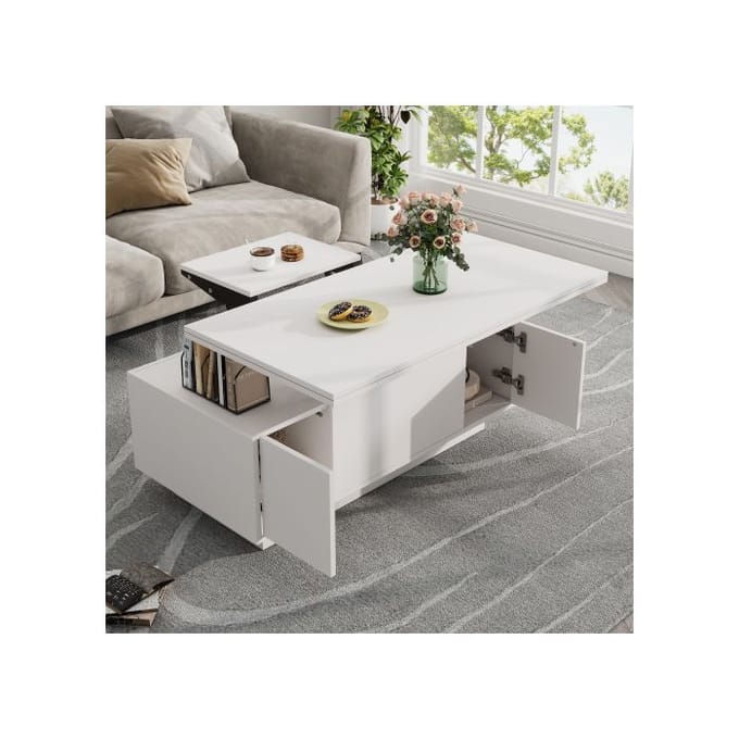 Table basse moderne - MUVOE - Double mécanisme de levage - Espace de rangement caché - Charge max. 50 kg blanc
