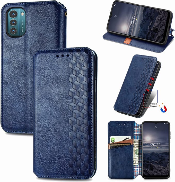 Luxe PU Lederen Ruitpatroon Wallet Case + Anti-static Glas Screenprotector voor Nokia G21 / G11 _ Blauw