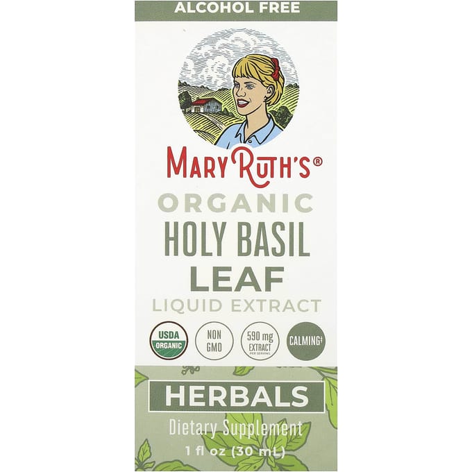 MaryRuth's, Extrait Liquide de Feuille de Basilic Sacré Biologique, Sans Alcool, 590 mg, 1 fl oz (30 ml)