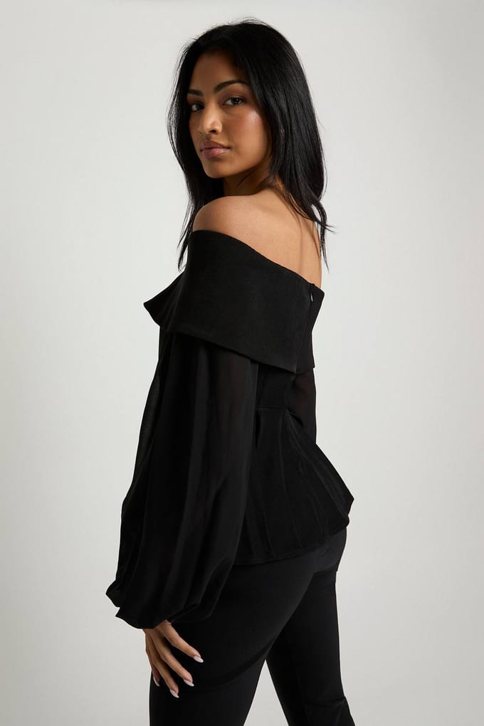 boohoo Dames Chiffon crepe Bardot-blouse | Black | Maat: 6