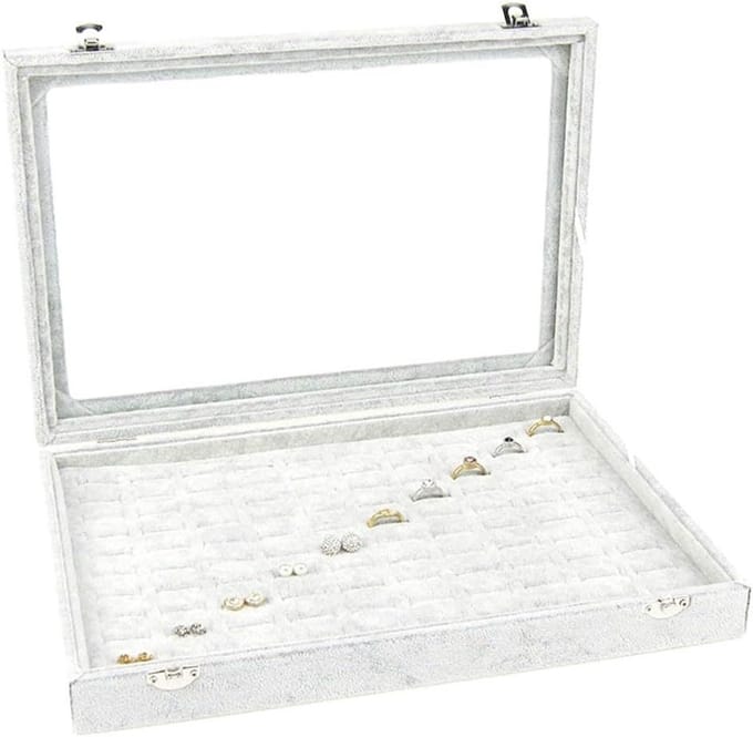 Sieradendoos Glazen Deksel - Juwelendoos Organizer - Sieraden Opbergen - Compact Veel Ruimte - 24x35cm - Grijs