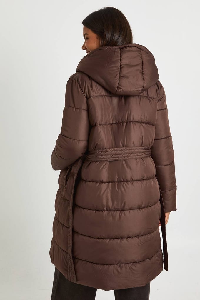 boohoo Dames Lange pufferjas met ceintuur | Chocolate | Maat: 8