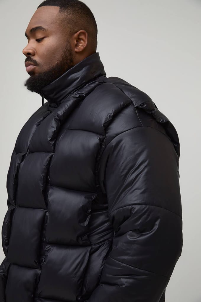 Plus High Shine Weft Oversized Funnel Neck Puffer Jacket | Black | Size 2XL