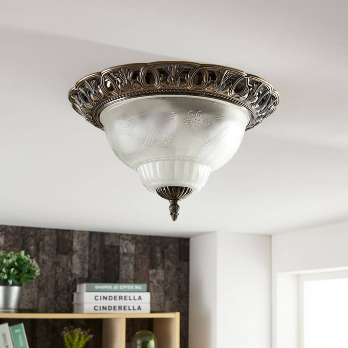 Lindby - plafondlamp - 2lichts - Glas, metaal - H: 16.5 cm - E14 - helder, geëtst, antiek messing