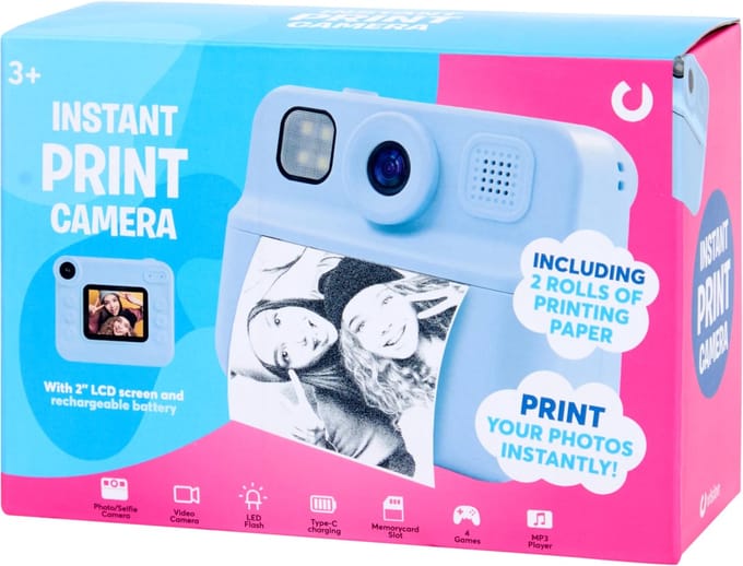Instant Print Camera – Kindercamera met 2 Rollen Printpapier – Direct Print – 2.0” LCD Scherm – Blauw – Voor Kinderen vanaf 3 Jaar