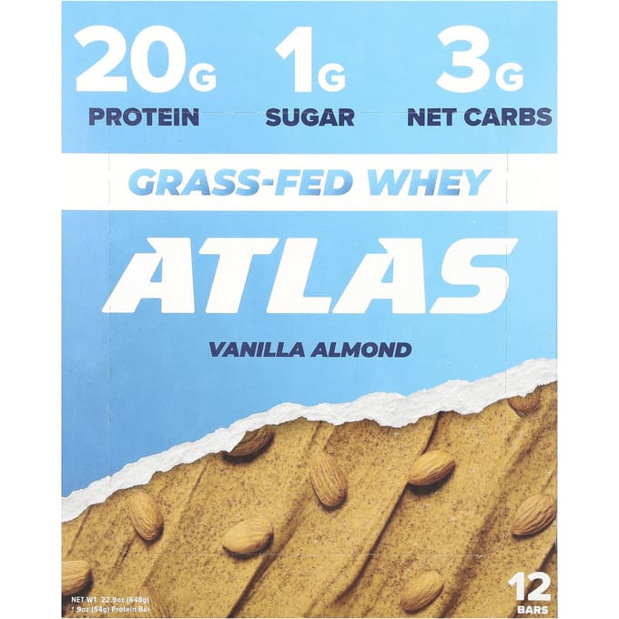 Atlas Bar, Grasgevoed Wei Eiwitreep, Vanille Amandel, 12 Repen, 1,9 oz (54 g) Elk