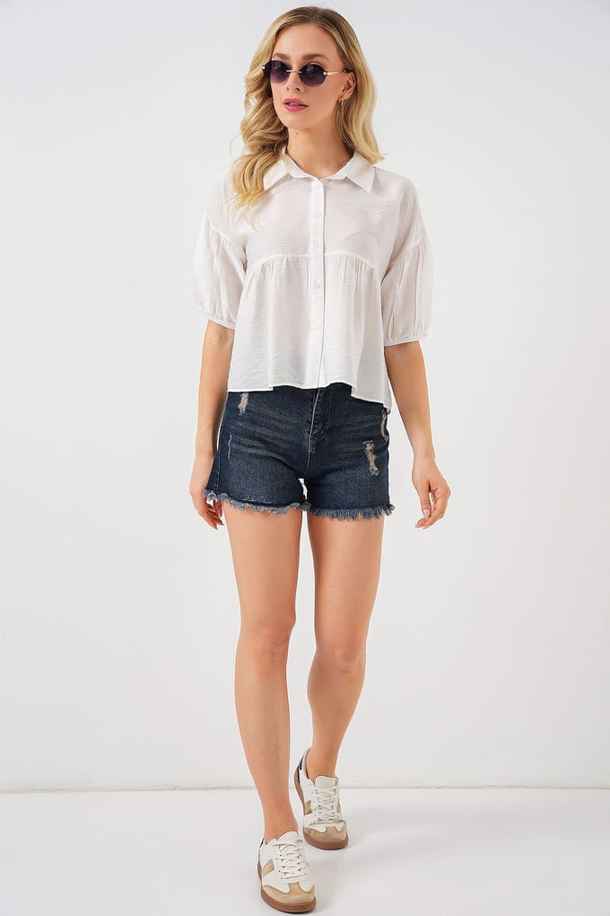 Losse Cropped Knop-Up Shirt met Kraag