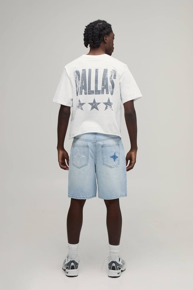 Relaxed Rigid Denim Shorts Met Ster Applicatie | Light Blue | Size 42R