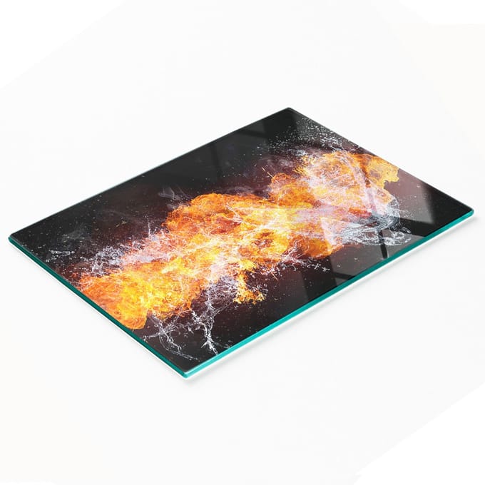 Decoratieve glazen serveerplank voor snacks, vuur en water, 80x52 cm
