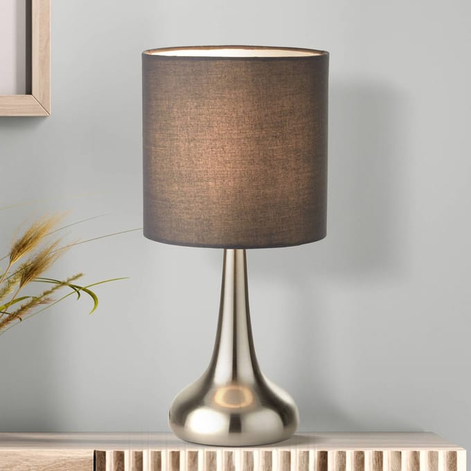 Searchlight Tafellamp Neraiah, grijs/zilver, textiel, 34 cm, dimbaar