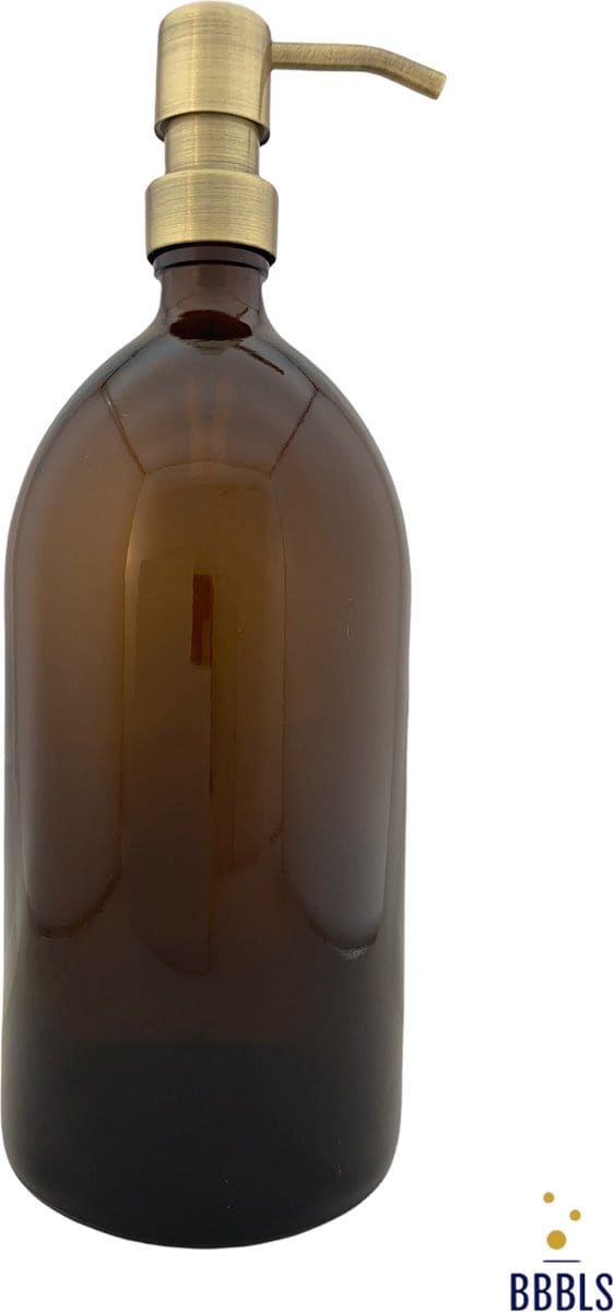BBBLS® Zeepdispenser Blanco - bruin glas - 1 liter - RVS/metaal pomp goud - hervulbaar