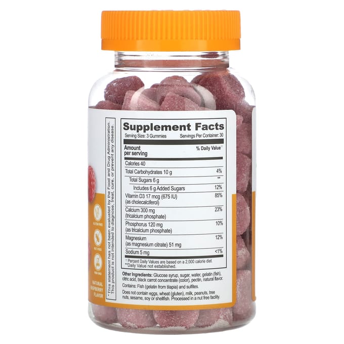 Lifeable, calcium magnesium + vitamine D3 gummies, natuurlijke frambozensmaak, 90 gummies