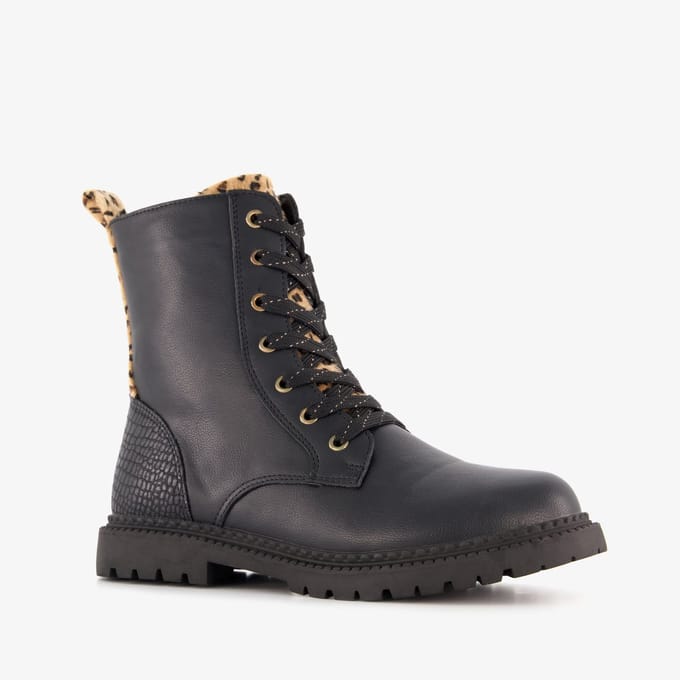 Blue Box meisjes veterboots met luipaard details zwart - Maat 38