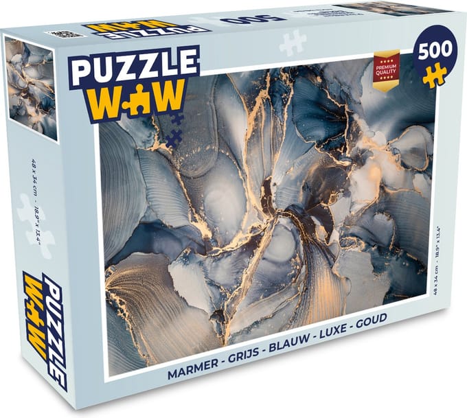Puzzel Marmer - Grijs - Blauw - Luxe - Goud - Legpuzzel - Puzzel 500 stukjes