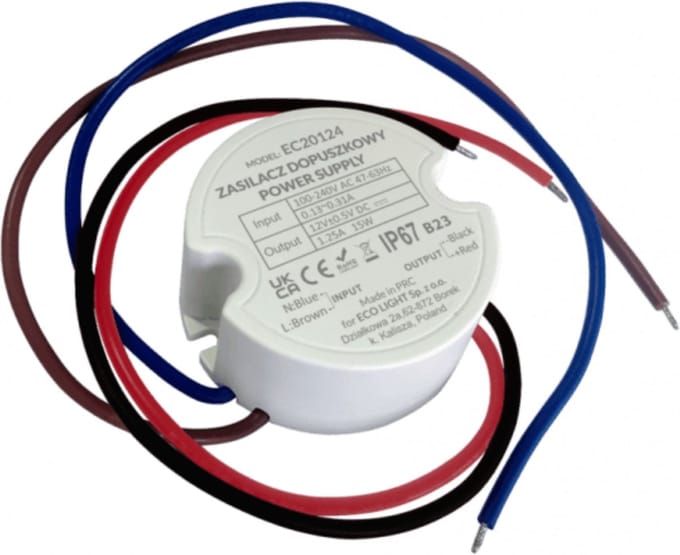 Voeding voor de aansluitdoos fi60 1,25A 15W 12V IP67 50x22mm