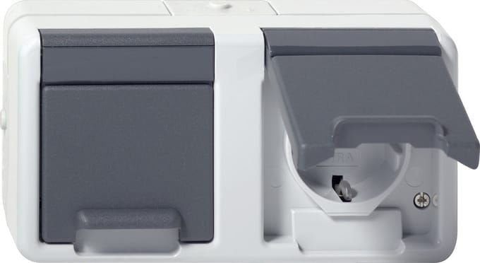Gira Dubbele Schuko Stopcontact Met Scharnierende Afdekking IP44 Grijs - 478130 - E3YXM