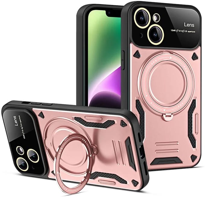 Cityhoesje - iPhone 15 Plus-14 Plus - Magnetic - Ring Holder Kickstand - Protective - Backcase - Roségoud