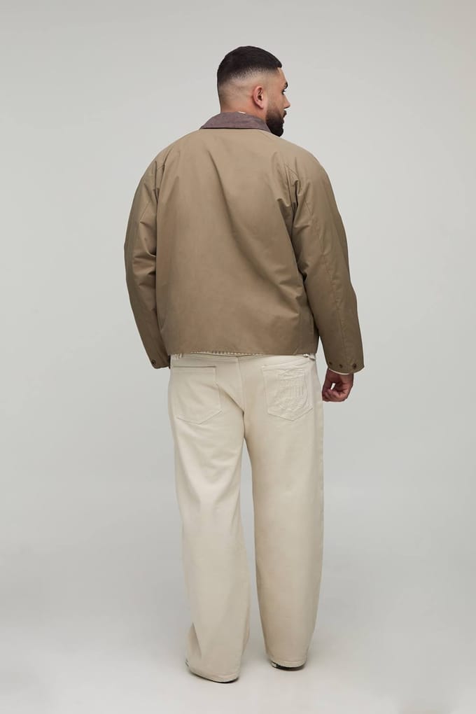 Plus Cord Collar Embroidered Worker Jacket | Stone | Size 2XL
