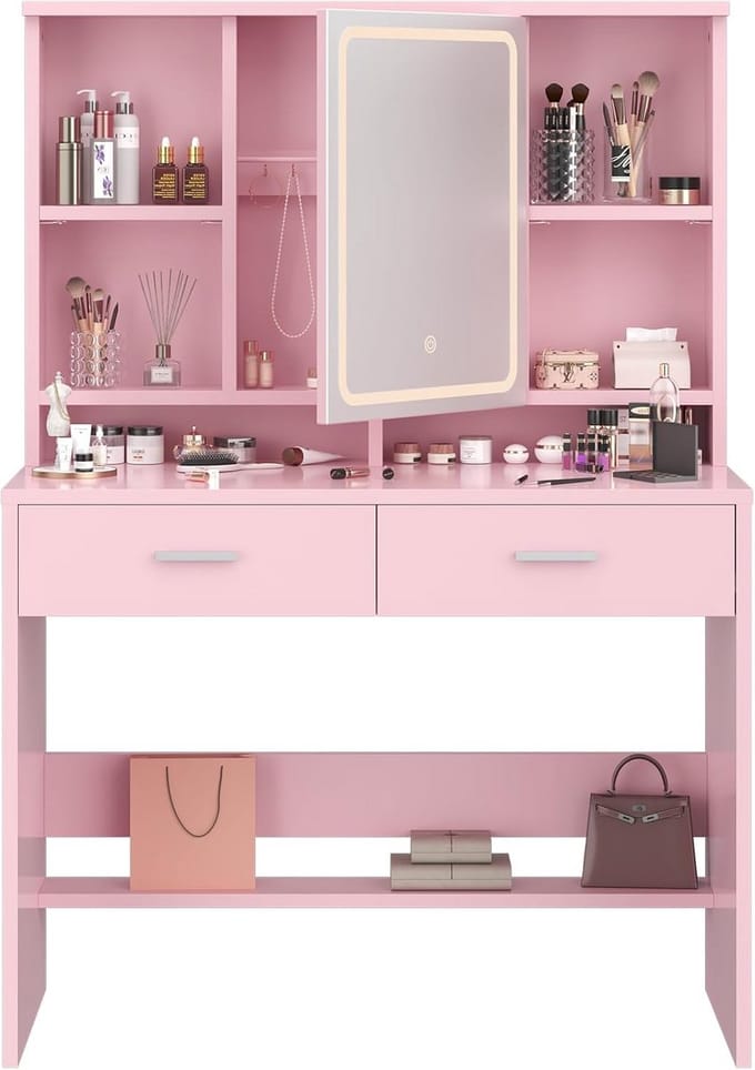 Make-up Tafel met LED Verlichting, Spiegel en Opbergruimte
