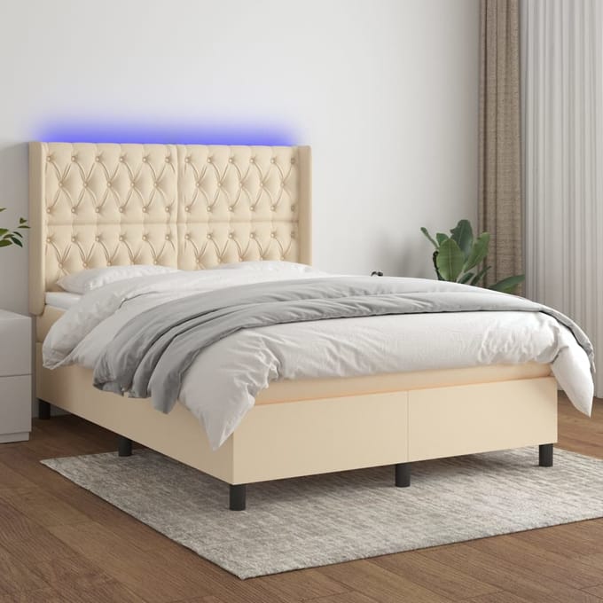 vidaXL - Boxspring - met - matras - en - LED - stof - crèmekleurig - 140x190 - cm